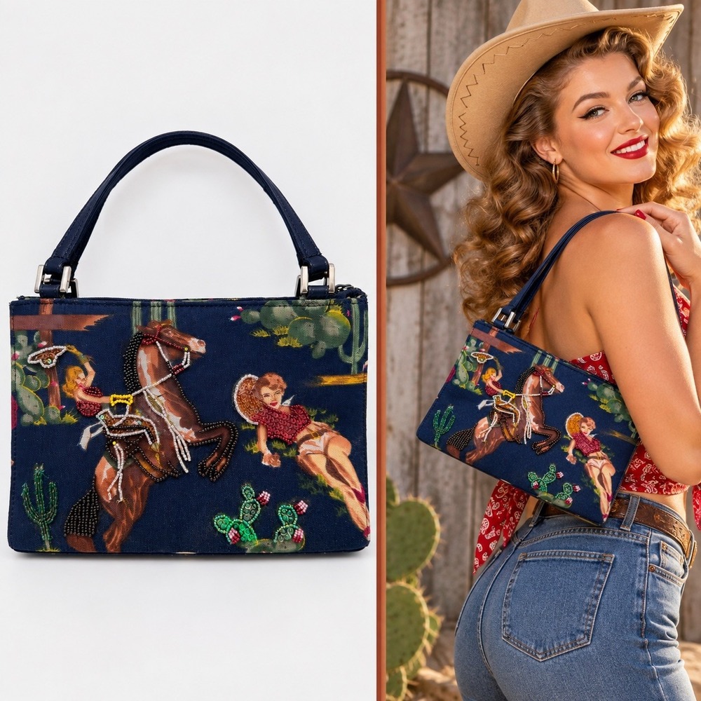 Western Pin Up Cowgirl Handbag Beaded Horse Cactus Navy Blue Retro Purse